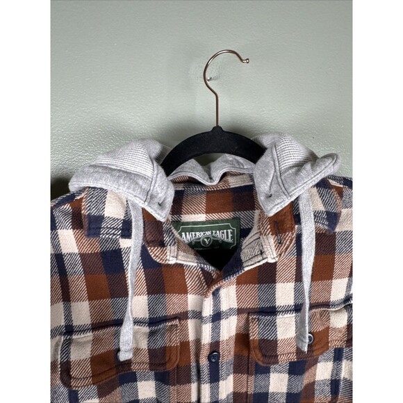 American Eagle AE Removable Hoodie Flannel Plaid Button Up Brown Blue Men's XS - Picture 5 of 11